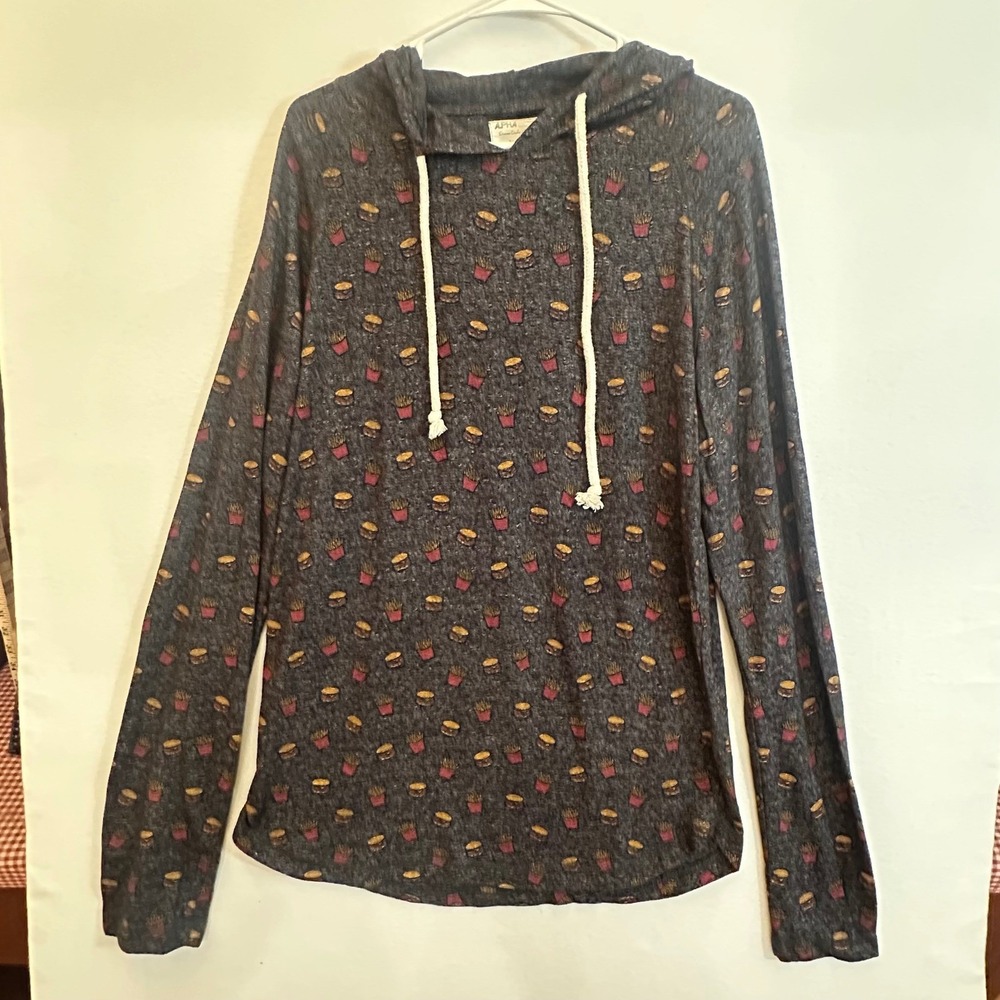 Alpha Beta Mens XL Hoodie Long Sleeve Tee Charcoal Grey Burger Fries Print